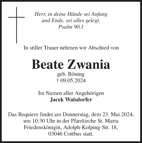 Traueranzeige von Beate Zwania von Lausitzer Rundschau
