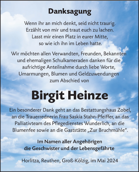 Traueranzeige von Birgit Heinze von Lausitzer Rundschau