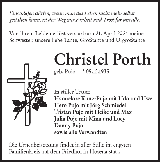 Traueranzeige von Christel Porth von Lausitzer Rundschau