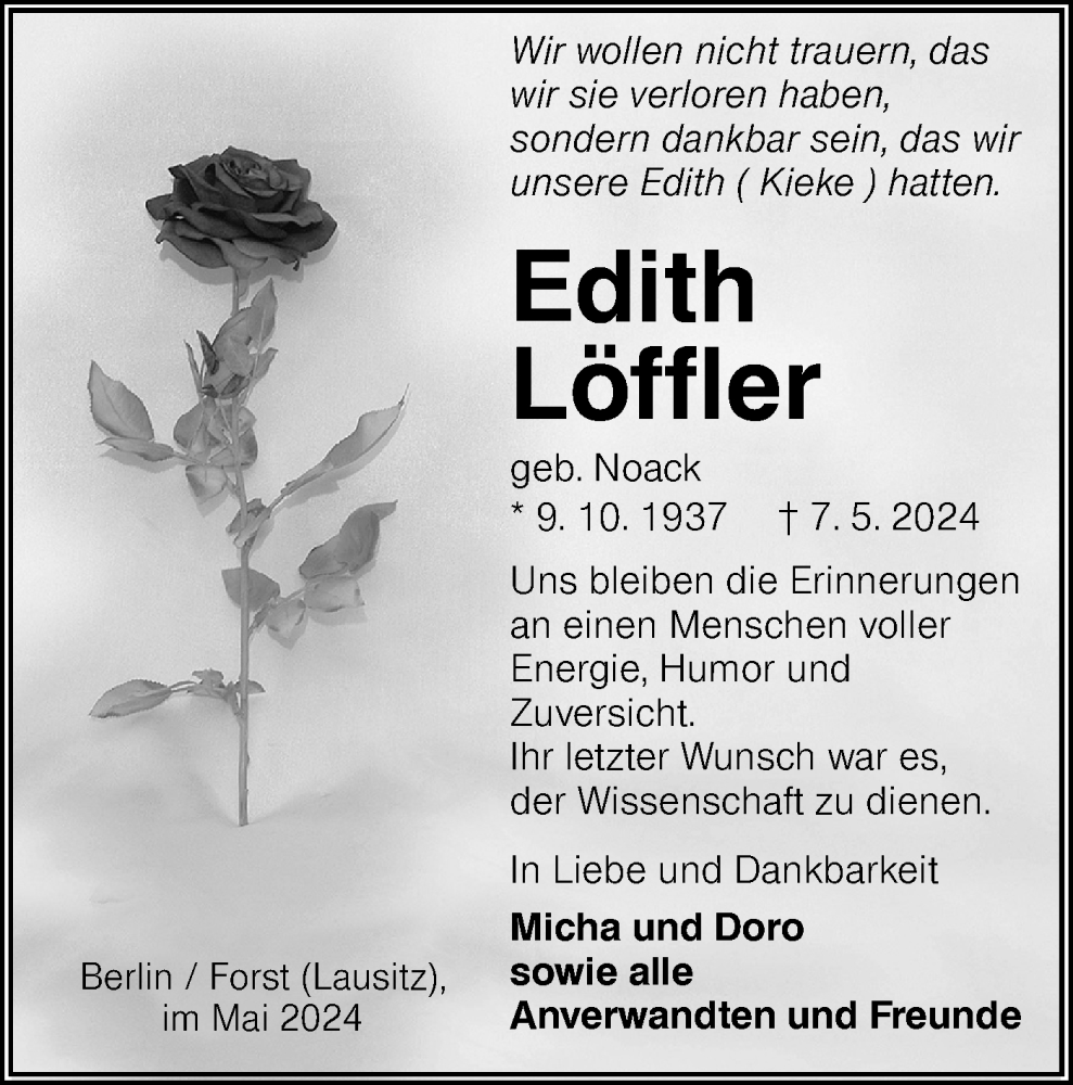  Traueranzeige für Edith Löffler vom 25.05.2024 aus Lausitzer Rundschau