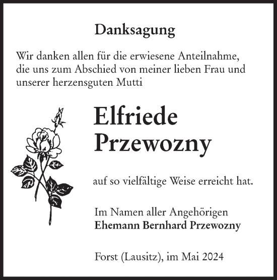 Traueranzeige von Elfriede Przewozny von Lausitzer Rundschau