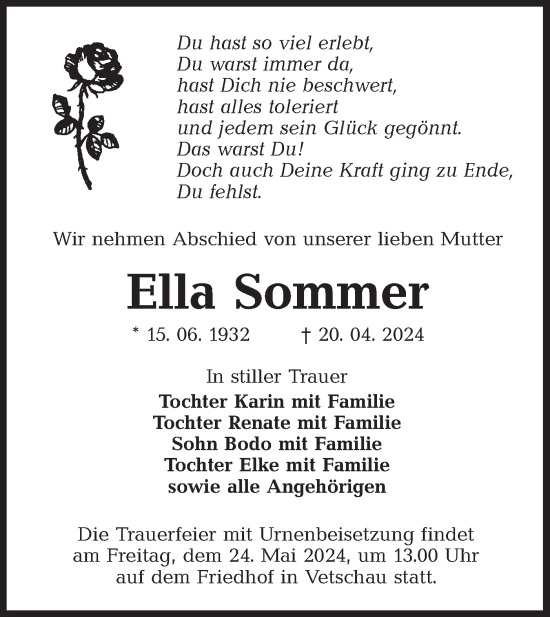 Traueranzeige von Ella Sommer von Lausitzer Rundschau