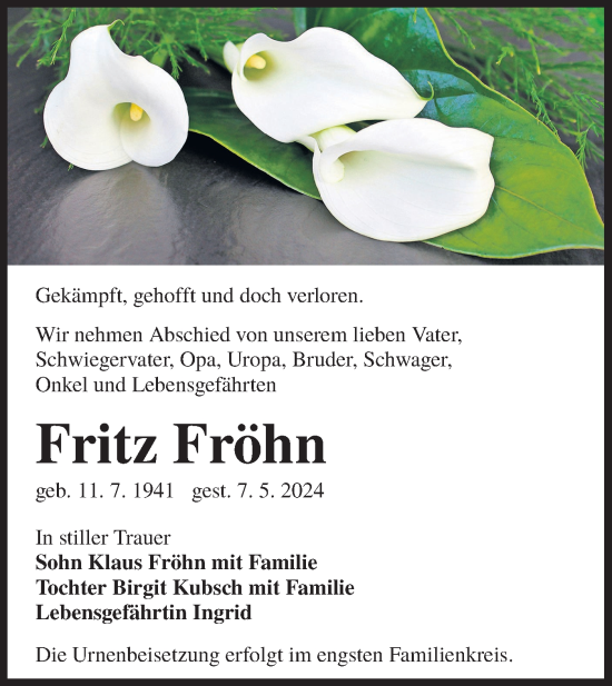 Traueranzeige von Fritz Fröhn von Lausitzer Rundschau