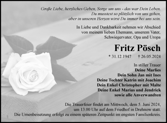 Traueranzeige von Fritz Pösch von Lausitzer Rundschau