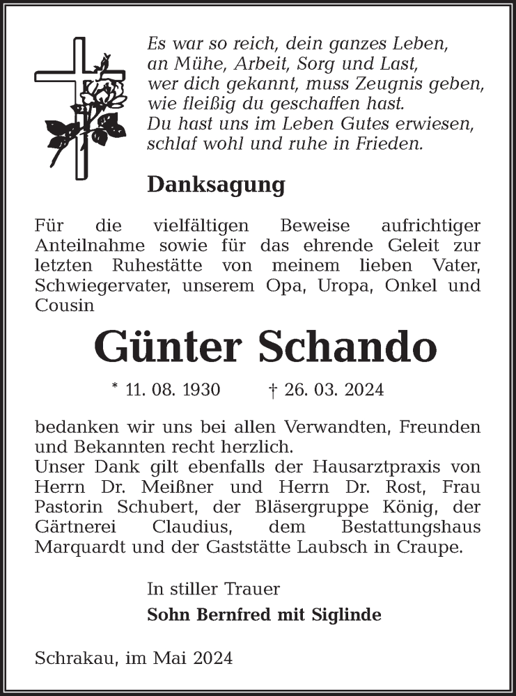  Traueranzeige für Günter Schando vom 04.05.2024 aus Lausitzer Rundschau