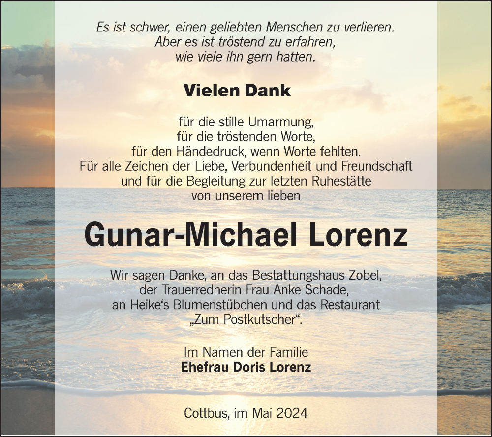  Traueranzeige für Gunar-Michael Lorenz vom 11.05.2024 aus Lausitzer Rundschau
