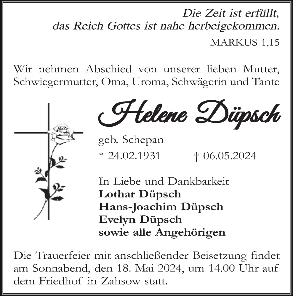  Traueranzeige für Helene Düpsch vom 11.05.2024 aus Lausitzer Rundschau