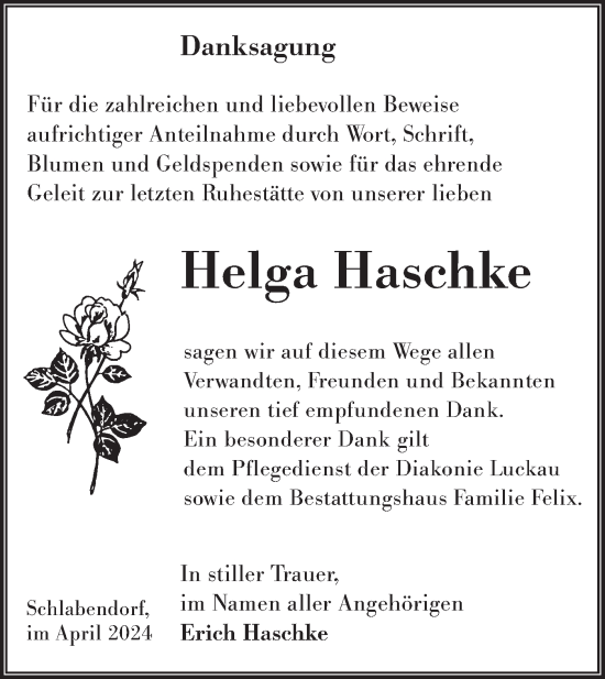 Traueranzeige von Helga Haschke von Lausitzer Rundschau