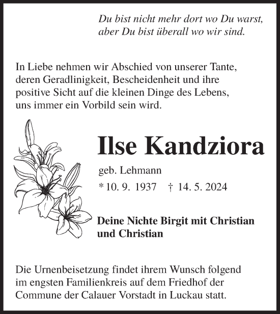 Traueranzeige von Ilse Kandziora von Lausitzer Rundschau