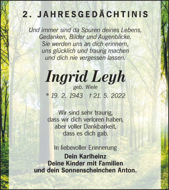 Traueranzeige von Ingrid Leyh von Lausitzer Rundschau