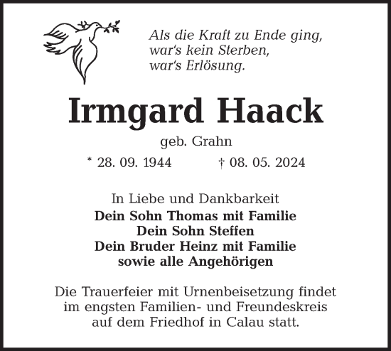Traueranzeige von Irmgard Haack von Lausitzer Rundschau
