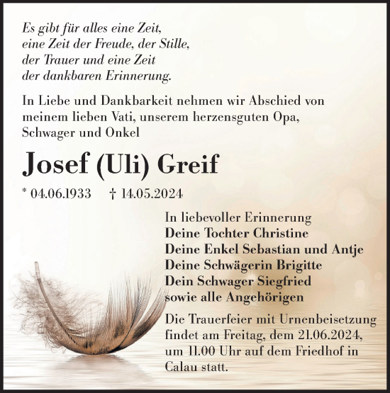 Traueranzeige von Josef Greif von Lausitzer Rundschau