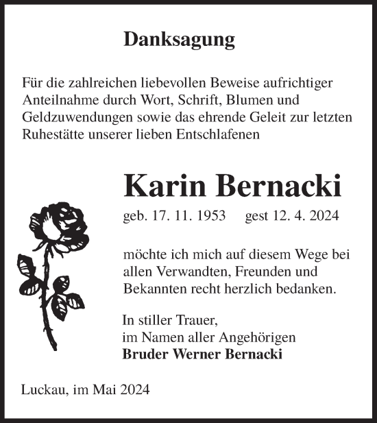 Traueranzeige von Karin Bernacki von Lausitzer Rundschau