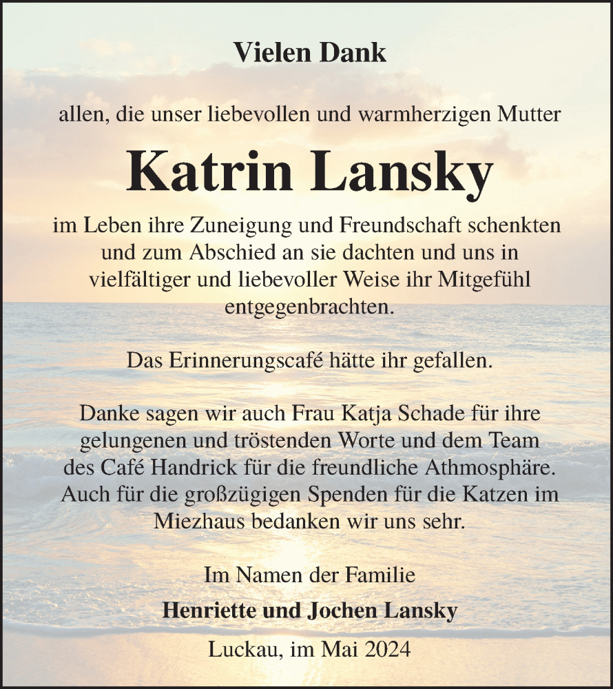  Traueranzeige für Katrin Lansky vom 11.05.2024 aus Lausitzer Rundschau