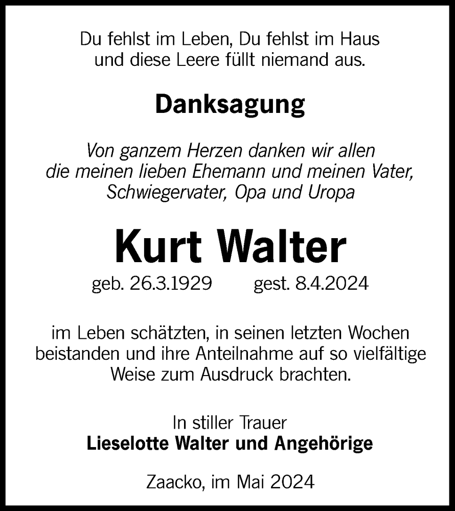  Traueranzeige für Kurt Walter vom 18.05.2024 aus Lausitzer Rundschau
