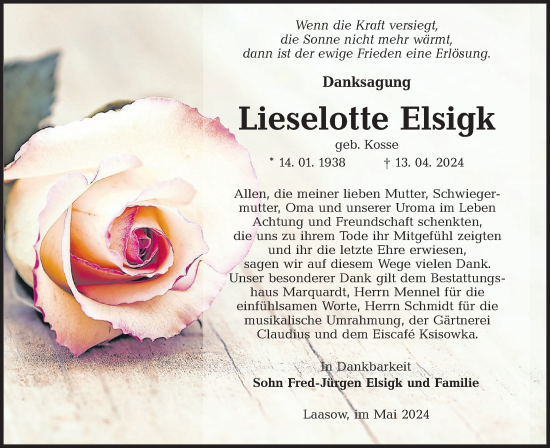 Traueranzeige von Lieselotte Elsigk von Lausitzer Rundschau