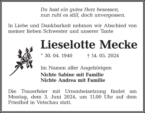 Traueranzeige von Lieselotte Mecke von Lausitzer Rundschau