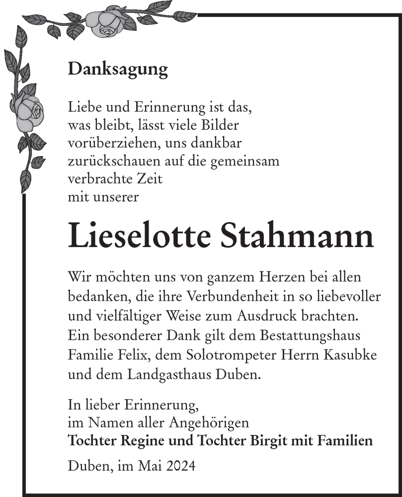  Traueranzeige für Lieselotte Stahmann vom 18.05.2024 aus Lausitzer Rundschau