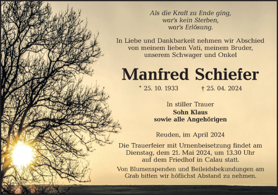 Traueranzeige von Manfred Schiefer von Lausitzer Rundschau