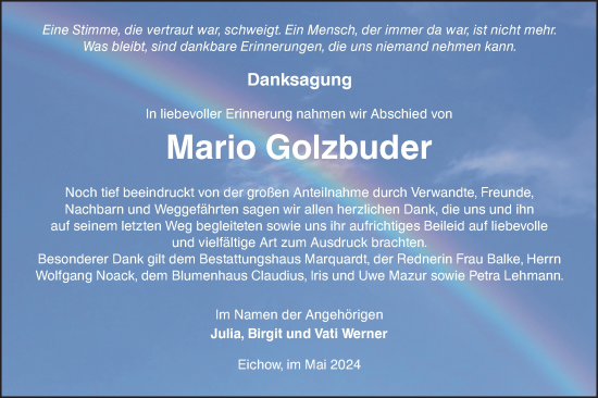 Traueranzeige von Mario Golzbuder von Lausitzer Rundschau