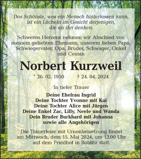 Traueranzeige von Norbert Kurzweil von Lausitzer Rundschau