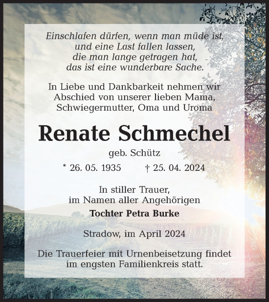 Traueranzeige von Renate Schmechel von Lausitzer Rundschau