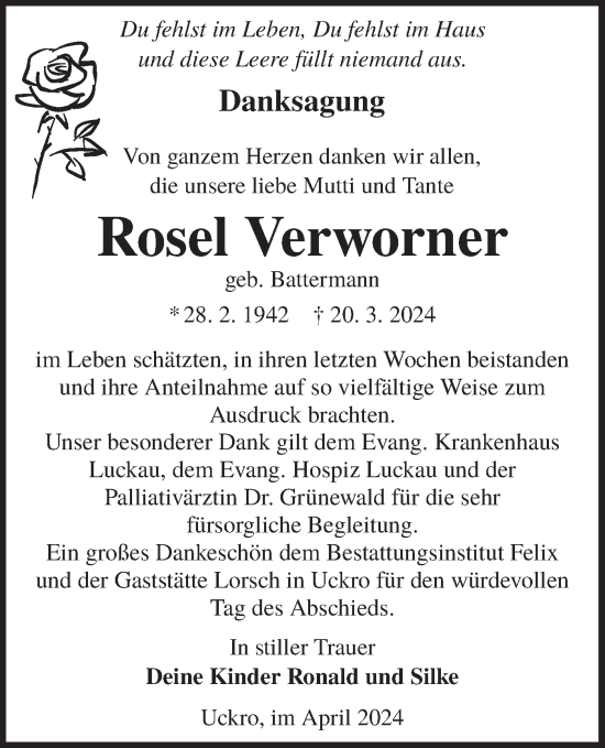 Traueranzeige von Rosel Verworner von Lausitzer Rundschau