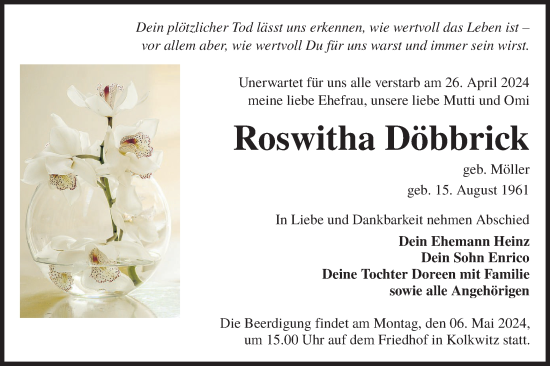 Traueranzeige von Roswitha Döbbrick von Lausitzer Rundschau