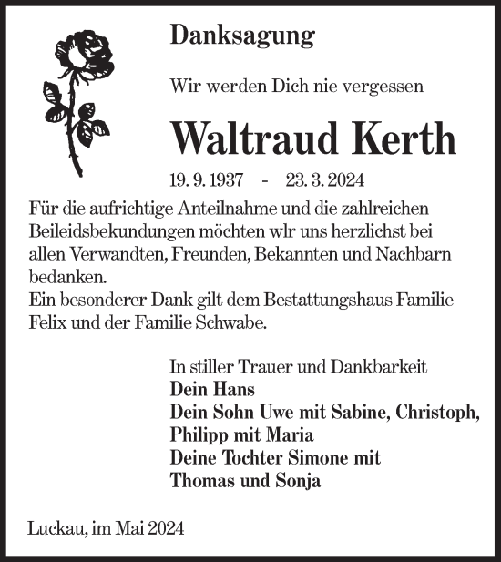 Traueranzeige von Waltraud Kerth von Lausitzer Rundschau