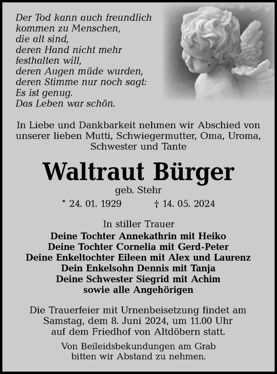 Traueranzeige von Waltraut Bürger von Lausitzer Rundschau