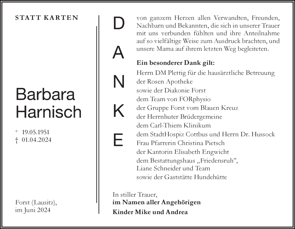  Traueranzeige für Barbara Harnisch vom 08.06.2024 aus Lausitzer Rundschau