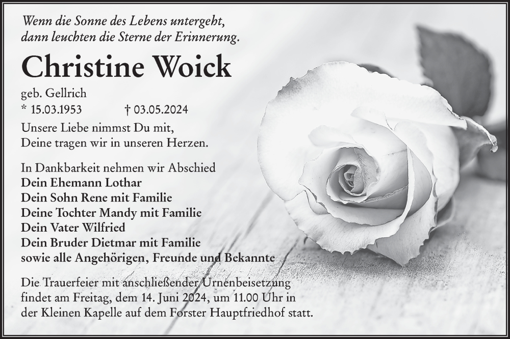  Traueranzeige für Christine Woick vom 08.06.2024 aus Lausitzer Rundschau