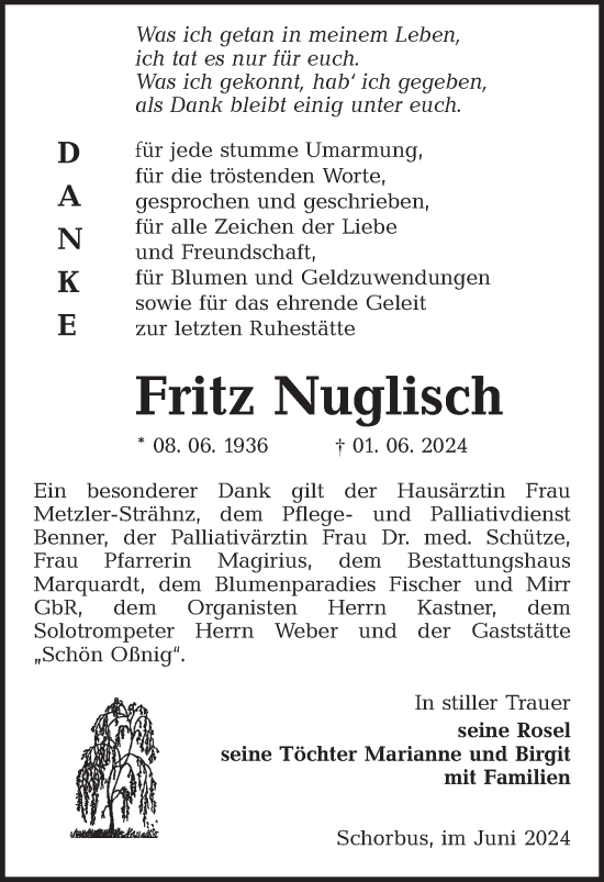 Traueranzeige von Fritz Nuglisch von Lausitzer Rundschau