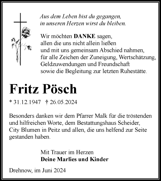 Traueranzeige von Fritz Pösch von Lausitzer Rundschau