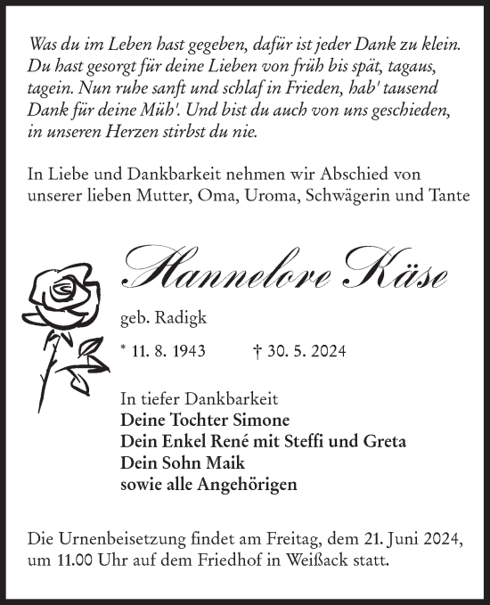 Traueranzeige von Hannelore Käse von Lausitzer Rundschau