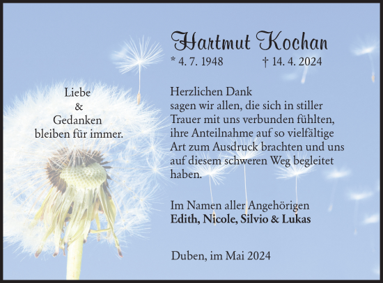 Traueranzeige von Hartmut Kochan von Lausitzer Rundschau