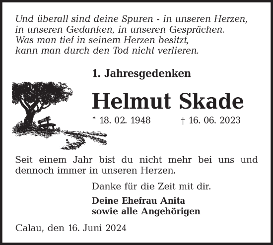 Traueranzeige von Helmut Skade von Lausitzer Rundschau