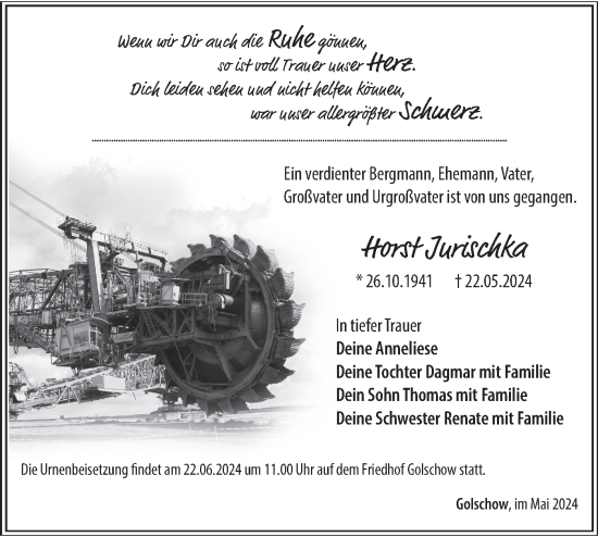 Traueranzeige von Horst Jurischka von Lausitzer Rundschau