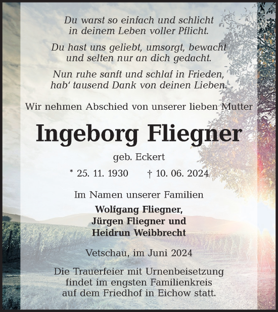 Traueranzeige von Ingeborg Fliegner von Lausitzer Rundschau