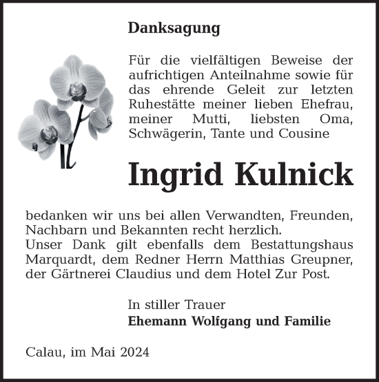 Traueranzeige von Ingrid Kulnick von Lausitzer Rundschau