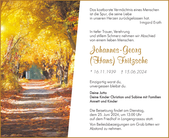 Traueranzeige von Johannes-Georg Fritzsche von Lausitzer Rundschau