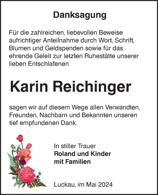 Traueranzeige von Karin Reichinger von Lausitzer Rundschau
