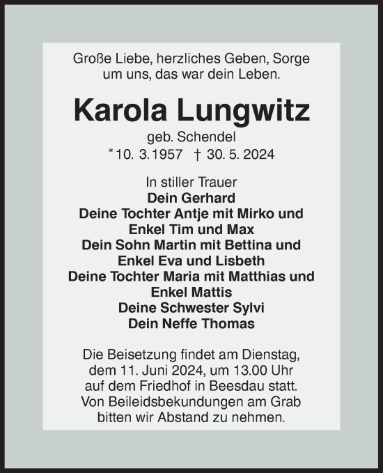 Traueranzeige von Karola Lungwitz von Lausitzer Rundschau