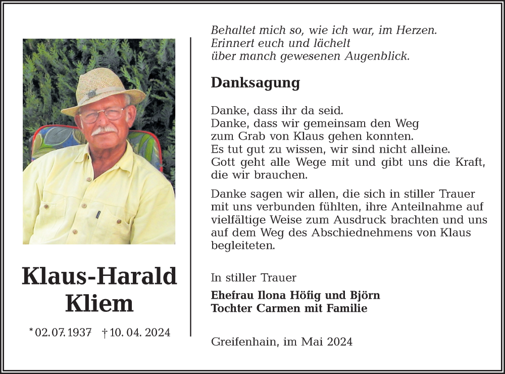  Traueranzeige für Klaus-Harald Kliem vom 01.06.2024 aus Lausitzer Rundschau