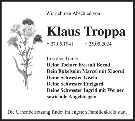 Traueranzeige von Klaus Troppa von Lausitzer Rundschau