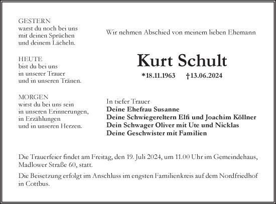 Traueranzeige von Kurt Schult von Lausitzer Rundschau