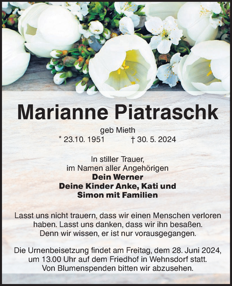  Traueranzeige für Marianne Piatraschk vom 08.06.2024 aus Lausitzer Rundschau