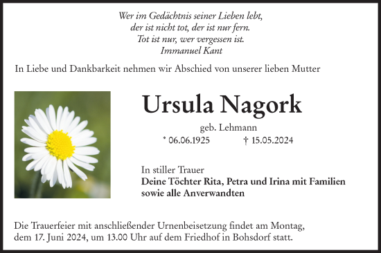 Traueranzeige von Ursula Nagork von Lausitzer Rundschau