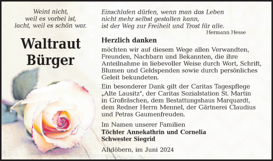 Traueranzeige von Waltraut Bürger von Lausitzer Rundschau