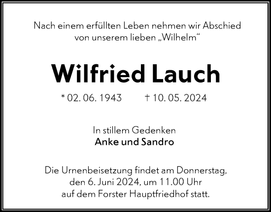 Traueranzeige von Wilfried Lauch von Lausitzer Rundschau